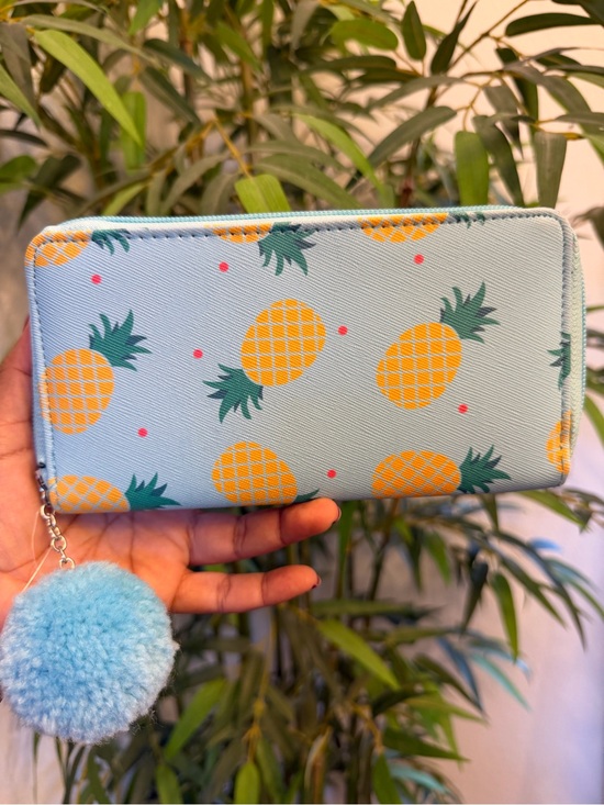 Handbags - Pineapple Blue Zip Wallet with Pom Pom NWOT